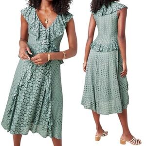 Anthropologie Seafoam Mint Gray Green Lace Ruffled Tiered Dress 10
